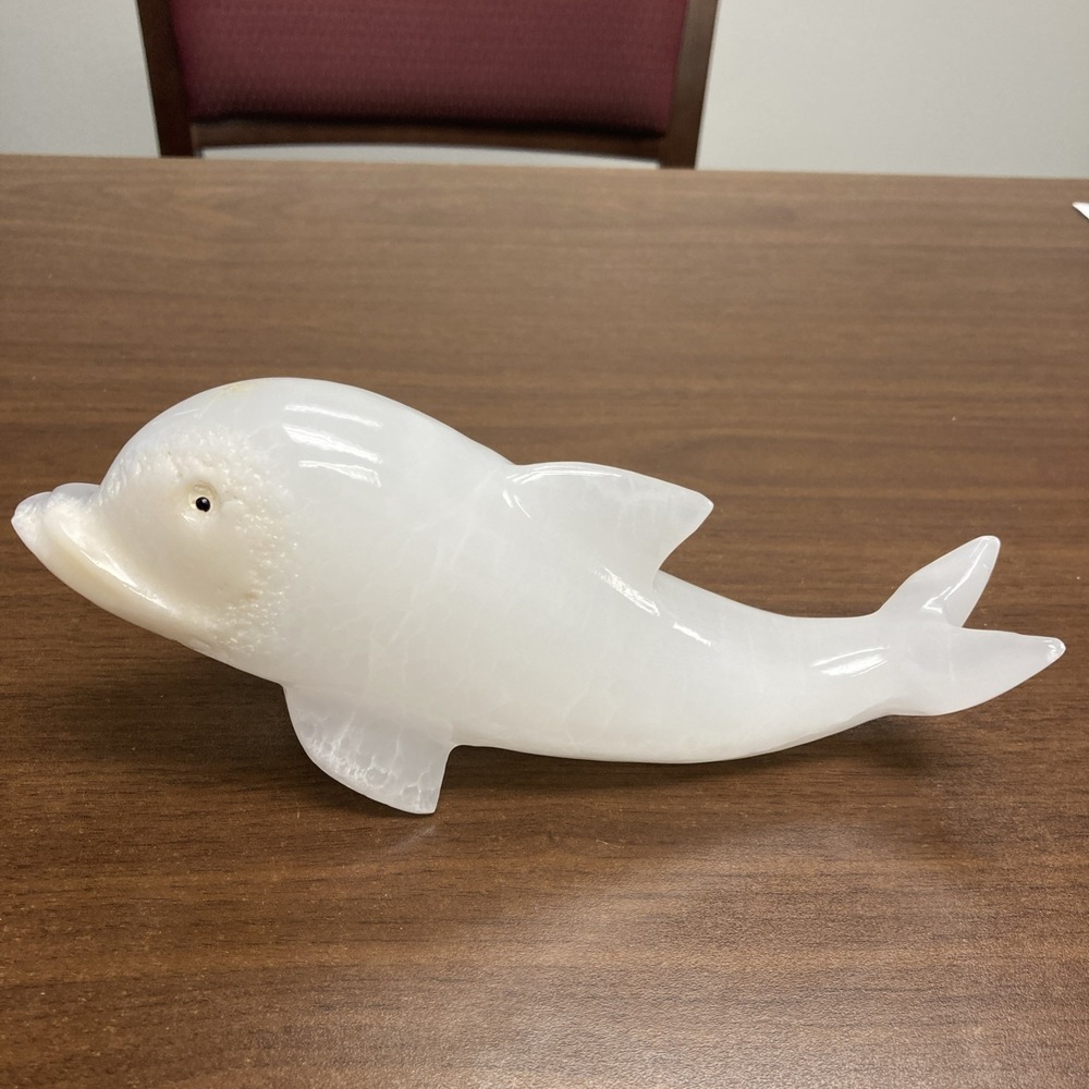 Vintage Dolphin Alabaster Hand‎ Carved Polished Figurine Marbled  8"